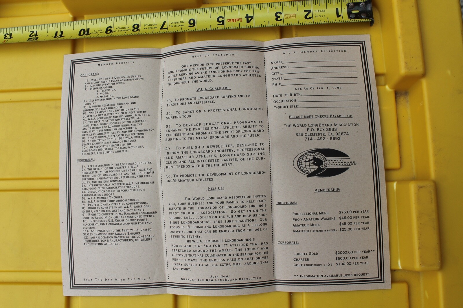 World Longboard Association WLA Vintage 1995 Surfing Original Application Form