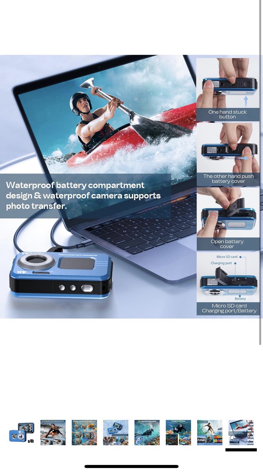 Underwater Camera, Selfie Dual Screens 4K 48MP 11FT Autofocus Waterproof Blue