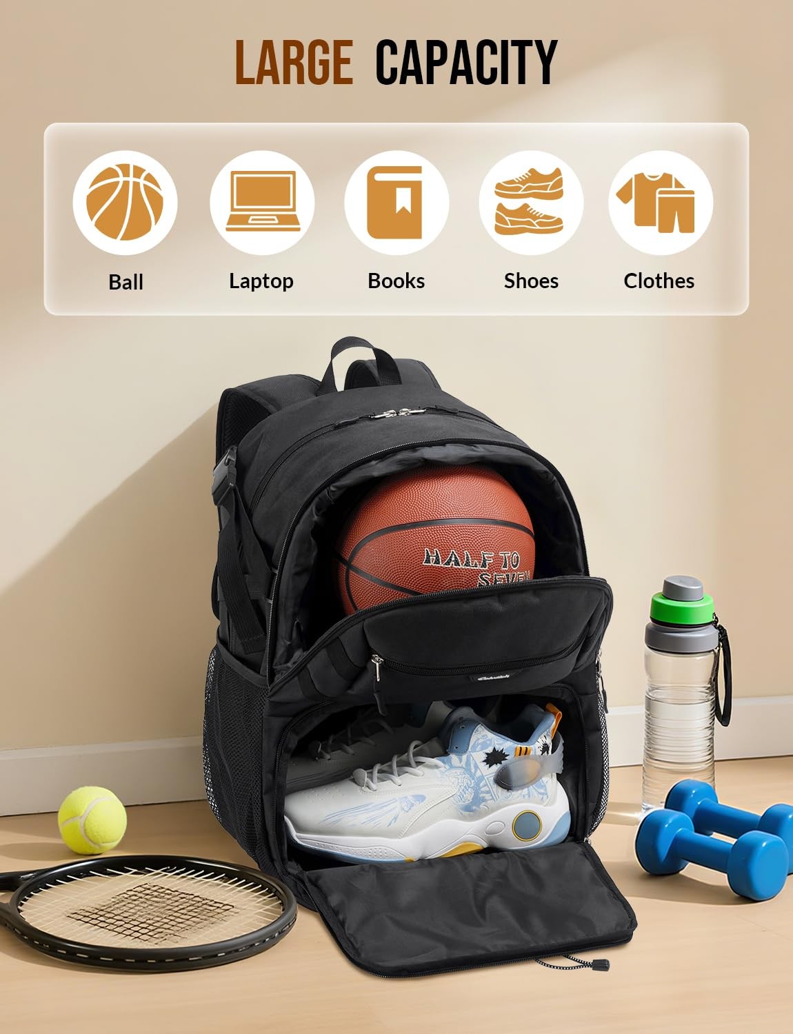 Celvetch Basketball Backpack with Shoe Compartment Large One Size, Black