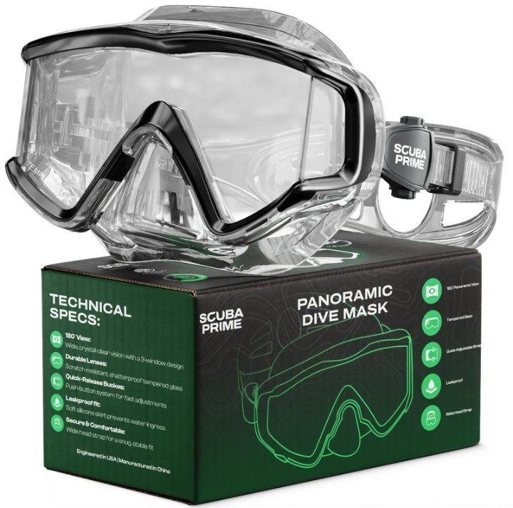 Scuba Prime Panoramic Dive Mask 180° Tempered Glass 3-Window Snorkeling Scuba…