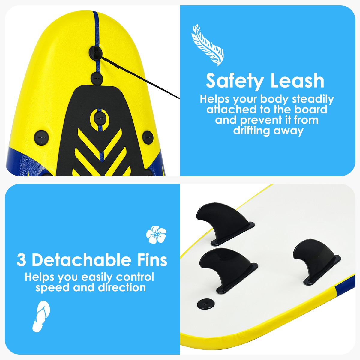 6′ Surfboard Foamie Body Surfing Board W/3 Fins & Leash for Kids Adults Yellow