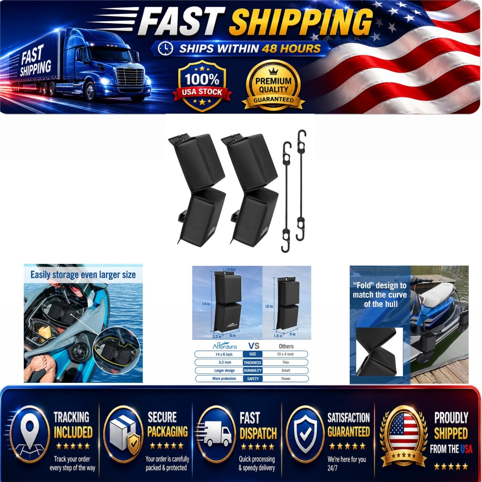 Affordura PWC Fender Bumper with Elastic Cords – 2 Pack for Jet Ski