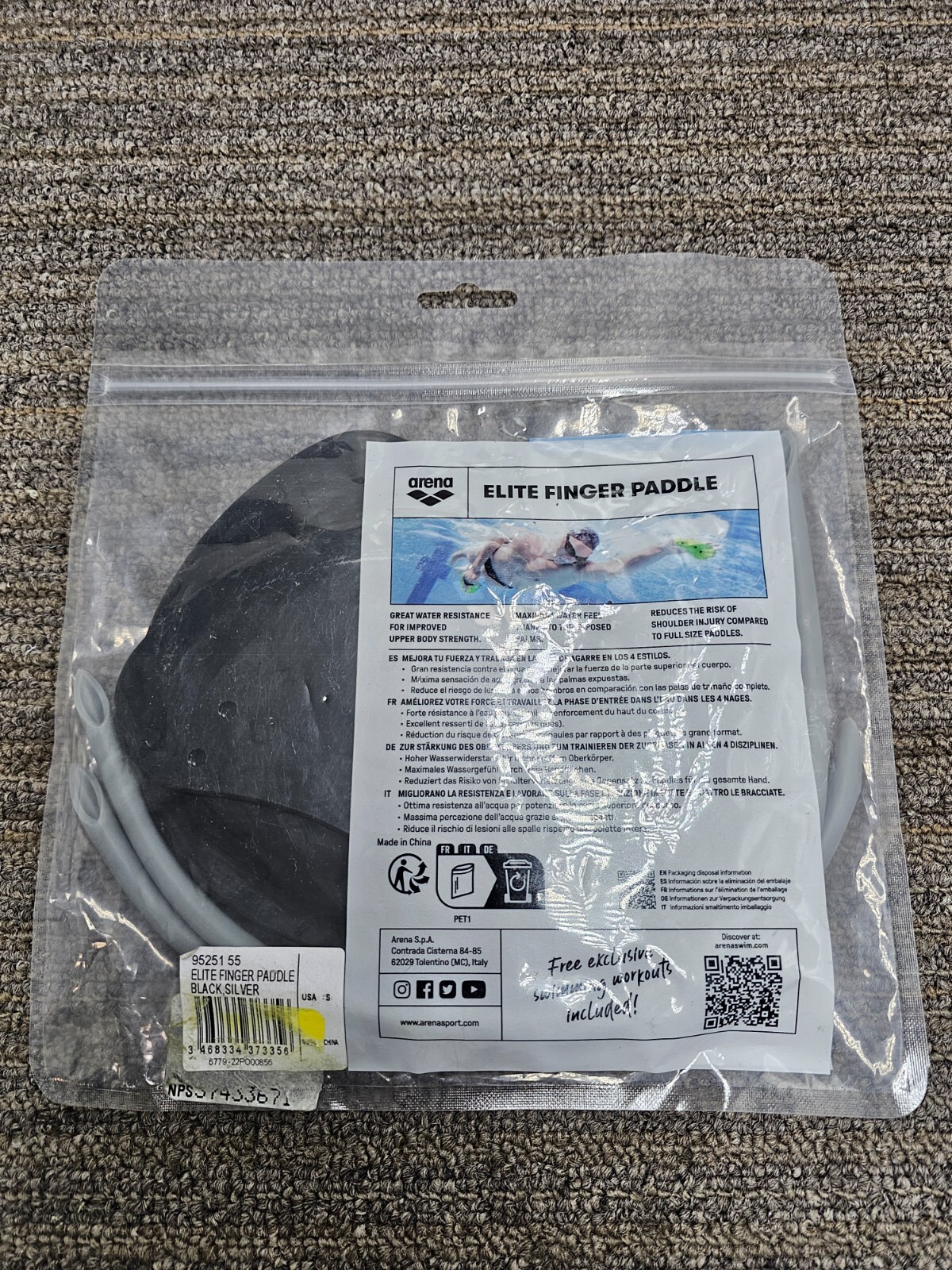 Arena Elite Finger Paddle Black/Silver Swimming Hand Paddles 95251-55