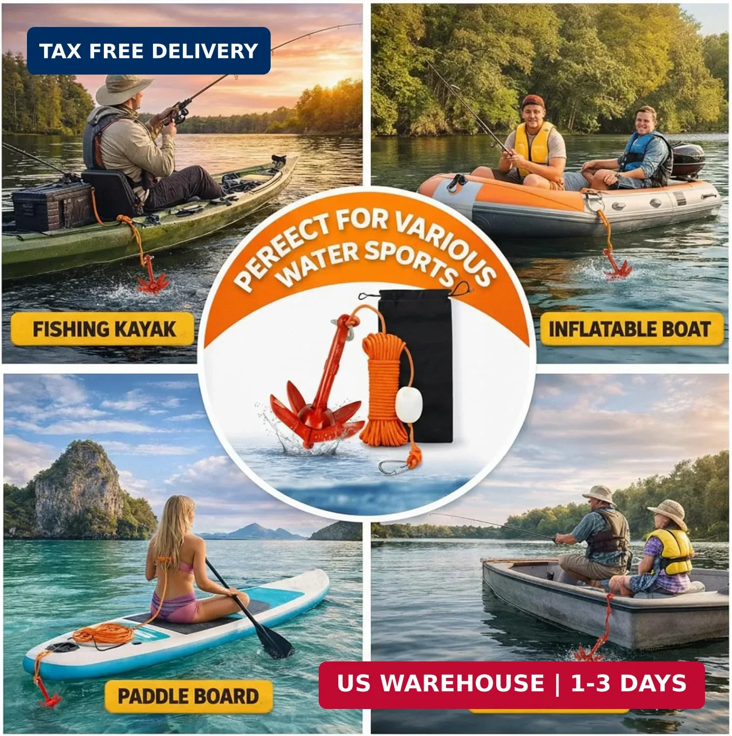 Kayak Anchor Kit 1.5/3.5lb Folding Small Boat Anchor for Paddle Board Canoe Jet
