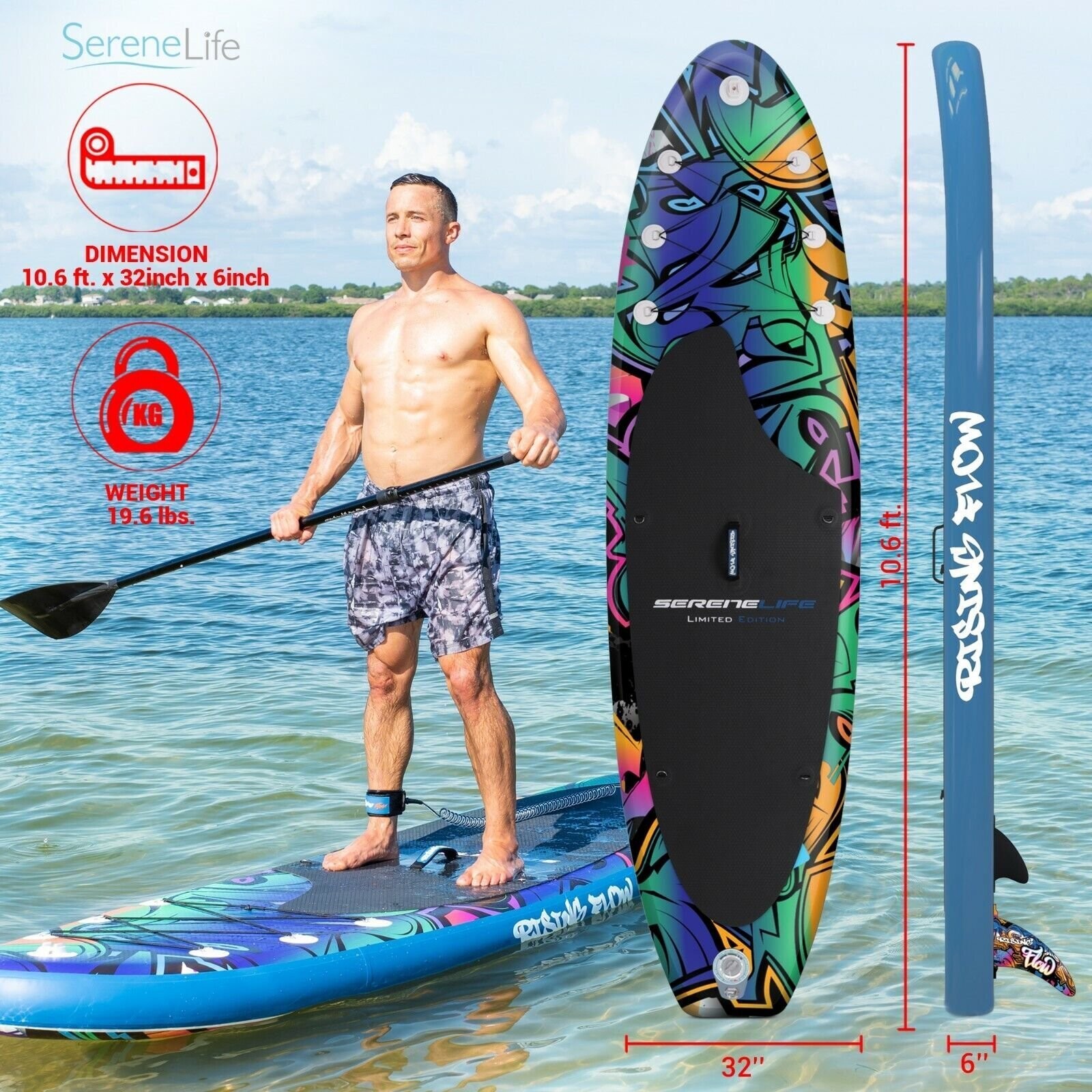 SereneLife Inflatable Stand Up Paddle Board Wide Stance, (6 Inches Thick)
