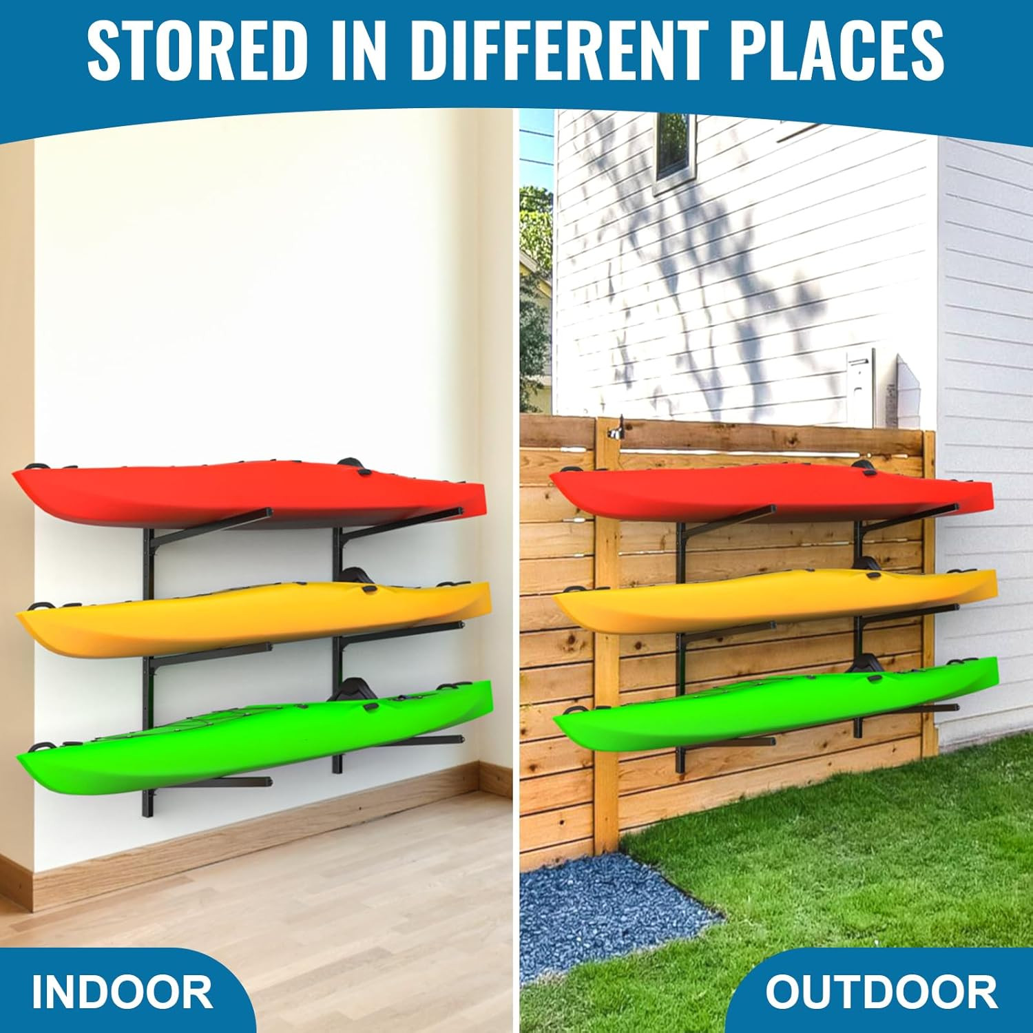 Adjustable 3-Tier Kayak Wall Mount Rack – Holds 300 lbs for Indoor/Outdoor Use