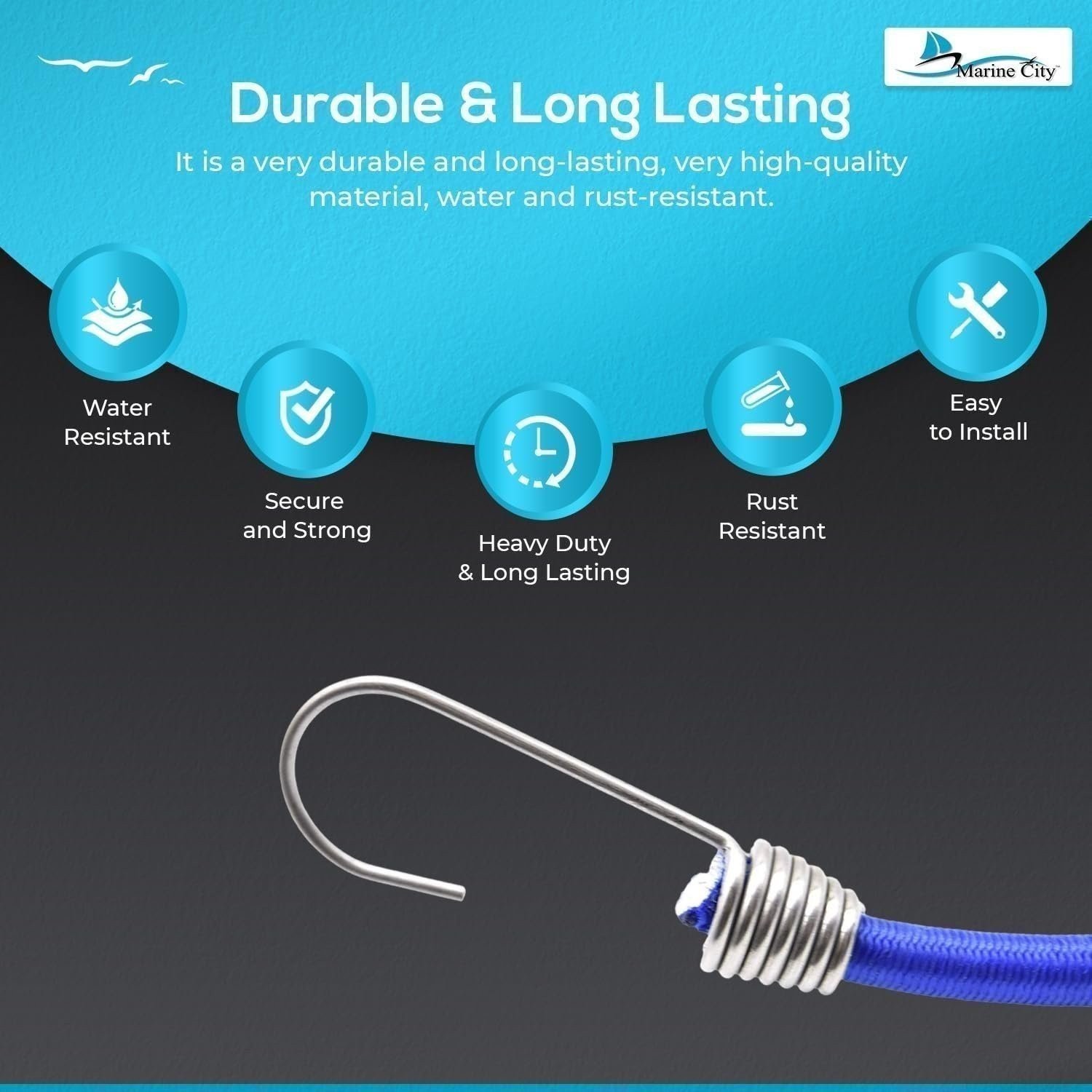 MARINE CITY 32″ Blue Bungee Cord w/ Stainless Steel Hook Boat Marine (Pack of 4)