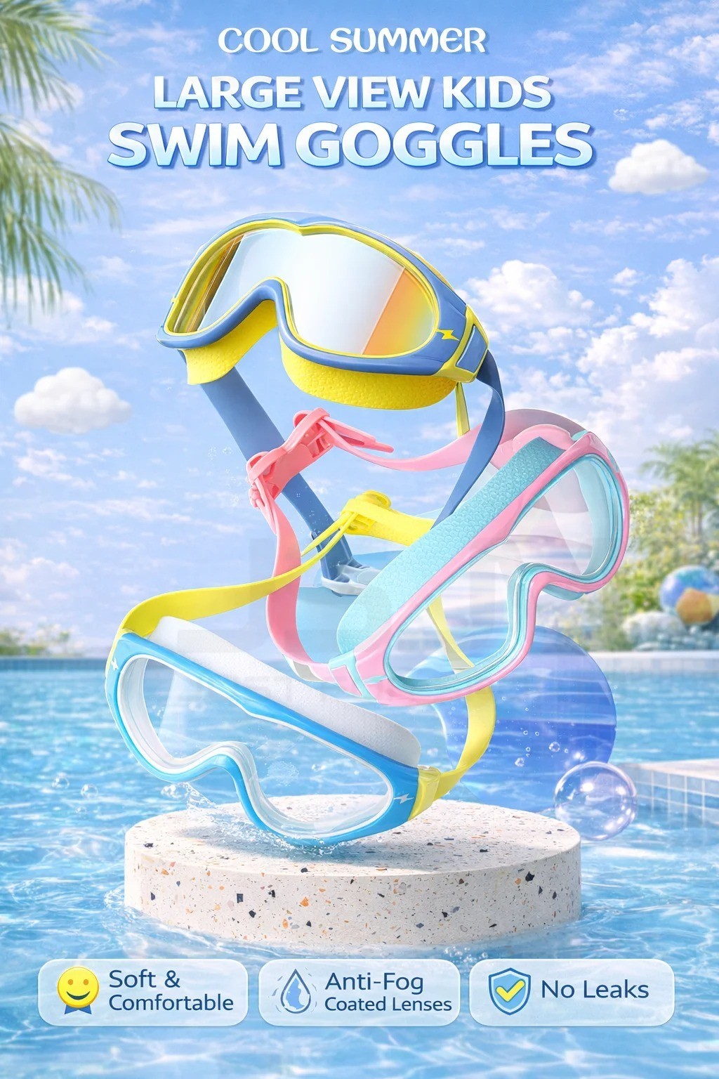 Swimming Goggles for Boys & Girls (3-15 Years) – Big Frame HD View, Anti-Fog