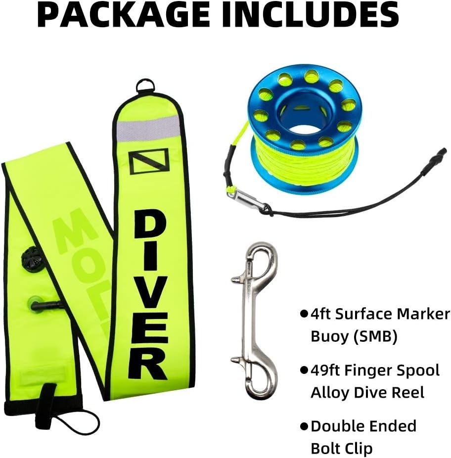 4ft Yellow Scuba Diving SMB, Open Bottom Surface Marker Buoy with Safety Sausage