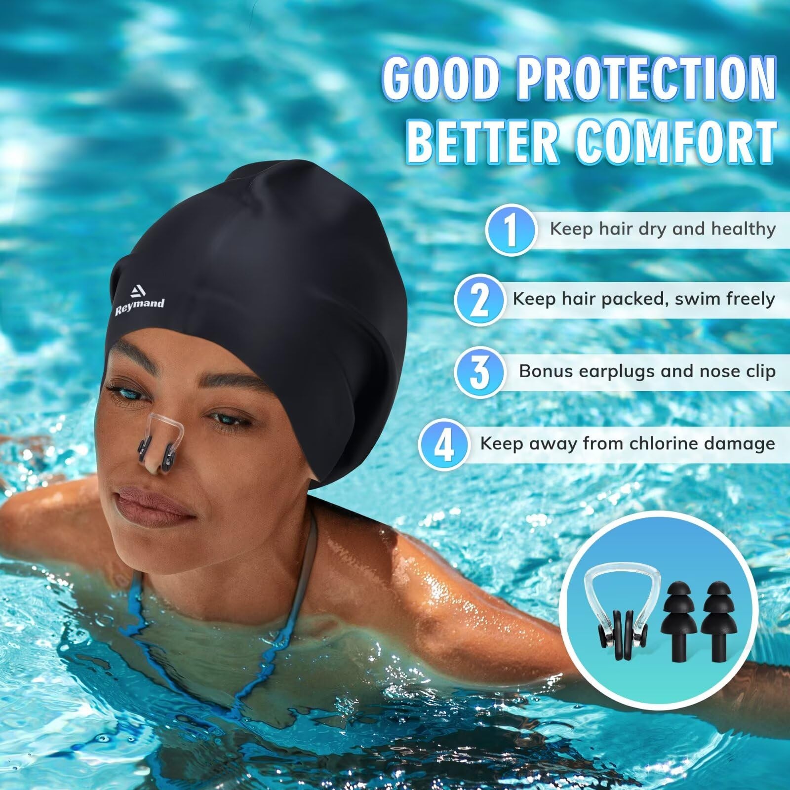 Swim Cap for Long Thick Hair, 3 Size Silicone Swimming Caps X-Large, Black