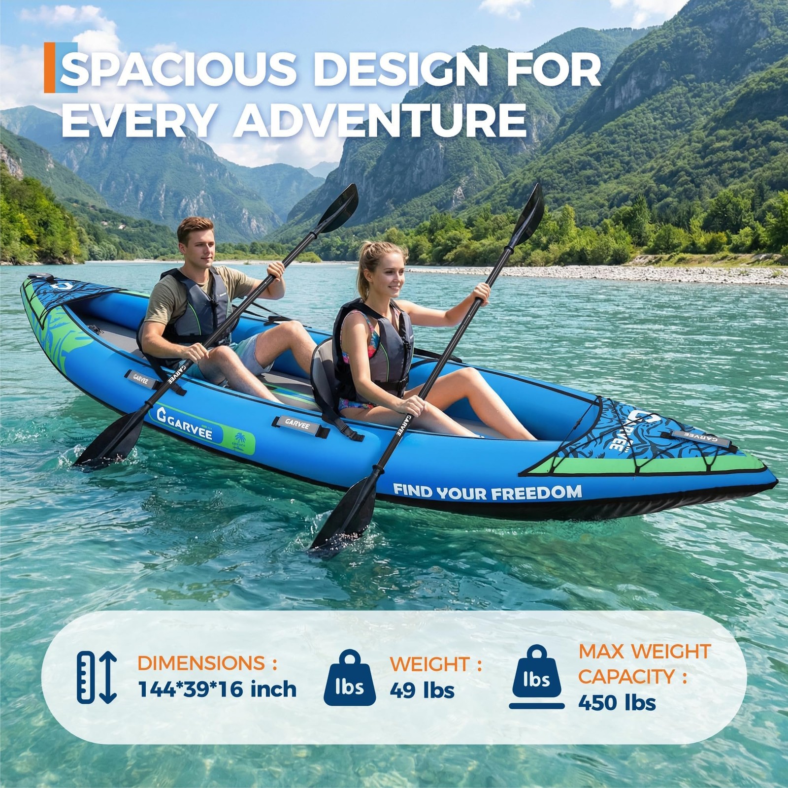 450LBS 2 Person Inflatable Kayak 12.5FT Fishing Kayak Padded Seats 3 Fins Hand