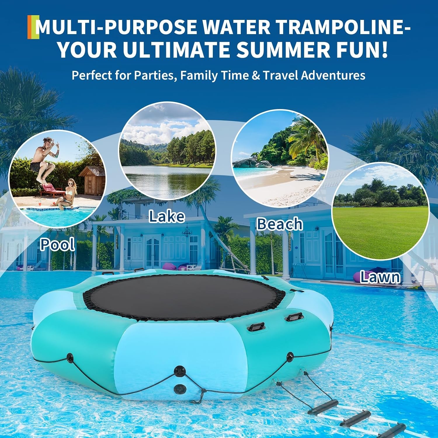 15FT Inflatable Water Trampoline Floating Water Bouncer w/Pump Ladder 408lbs