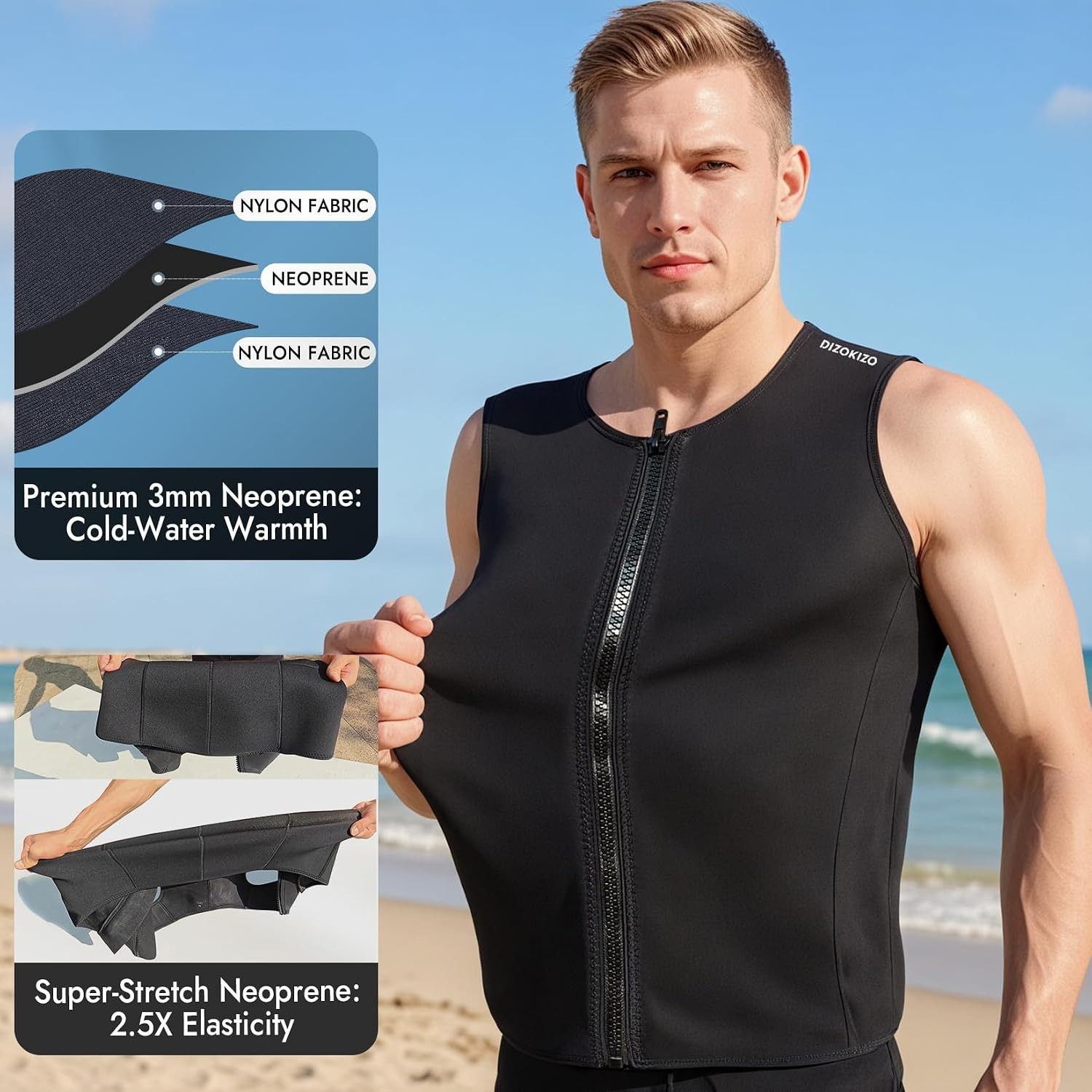Dizokizo Wetsuit Vest for Men, 3mm Front Zipper Neoprene Wet Suit Top Sleeveless
