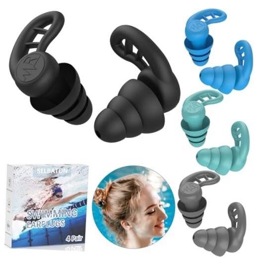 Swimming Ear Plugs for Adults, 4 Pairs 1 pair (Pack of 4) Black Gray Blue Green