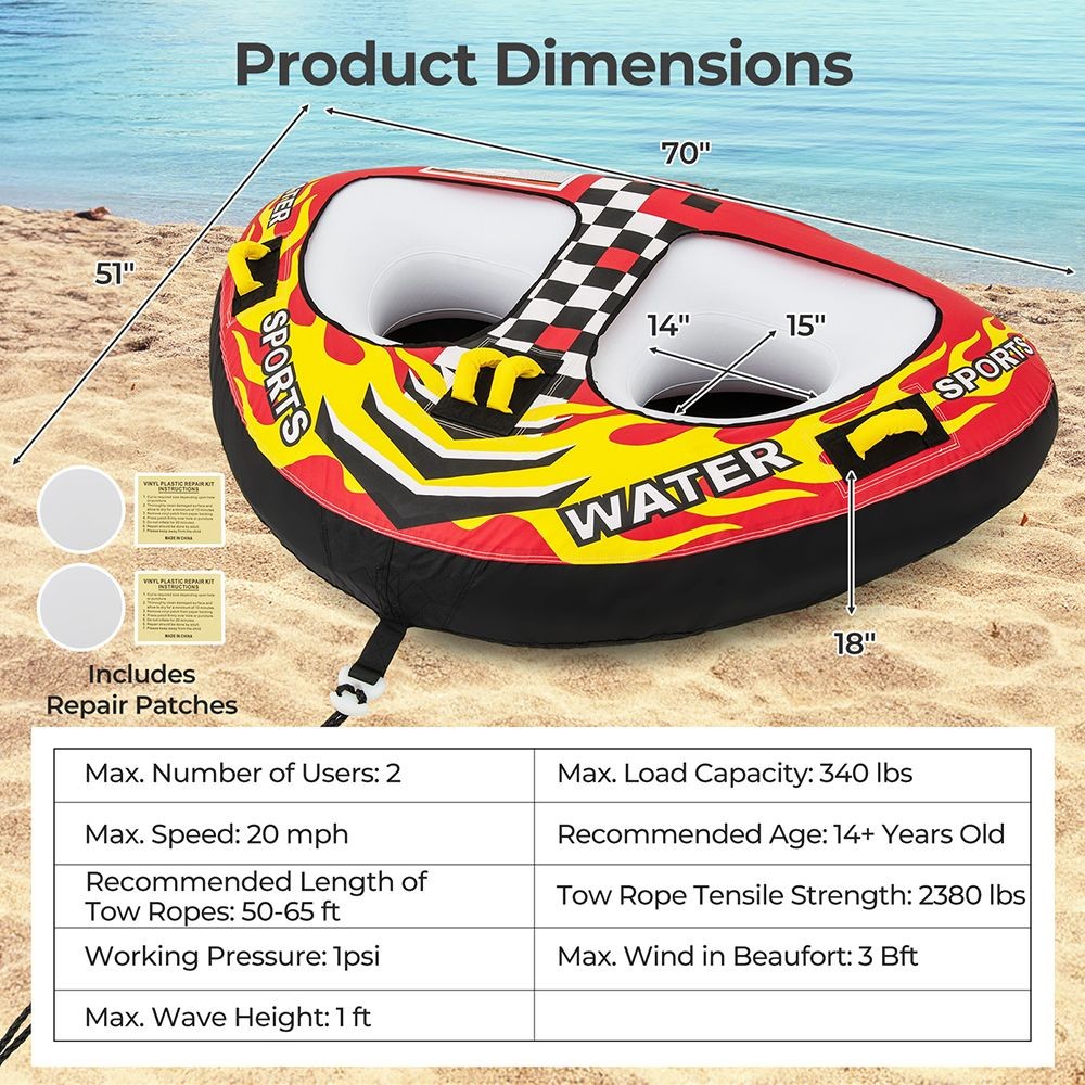 2 Person Inflatable Towable Watersport Boat Tube Float Boat Tubing Raft