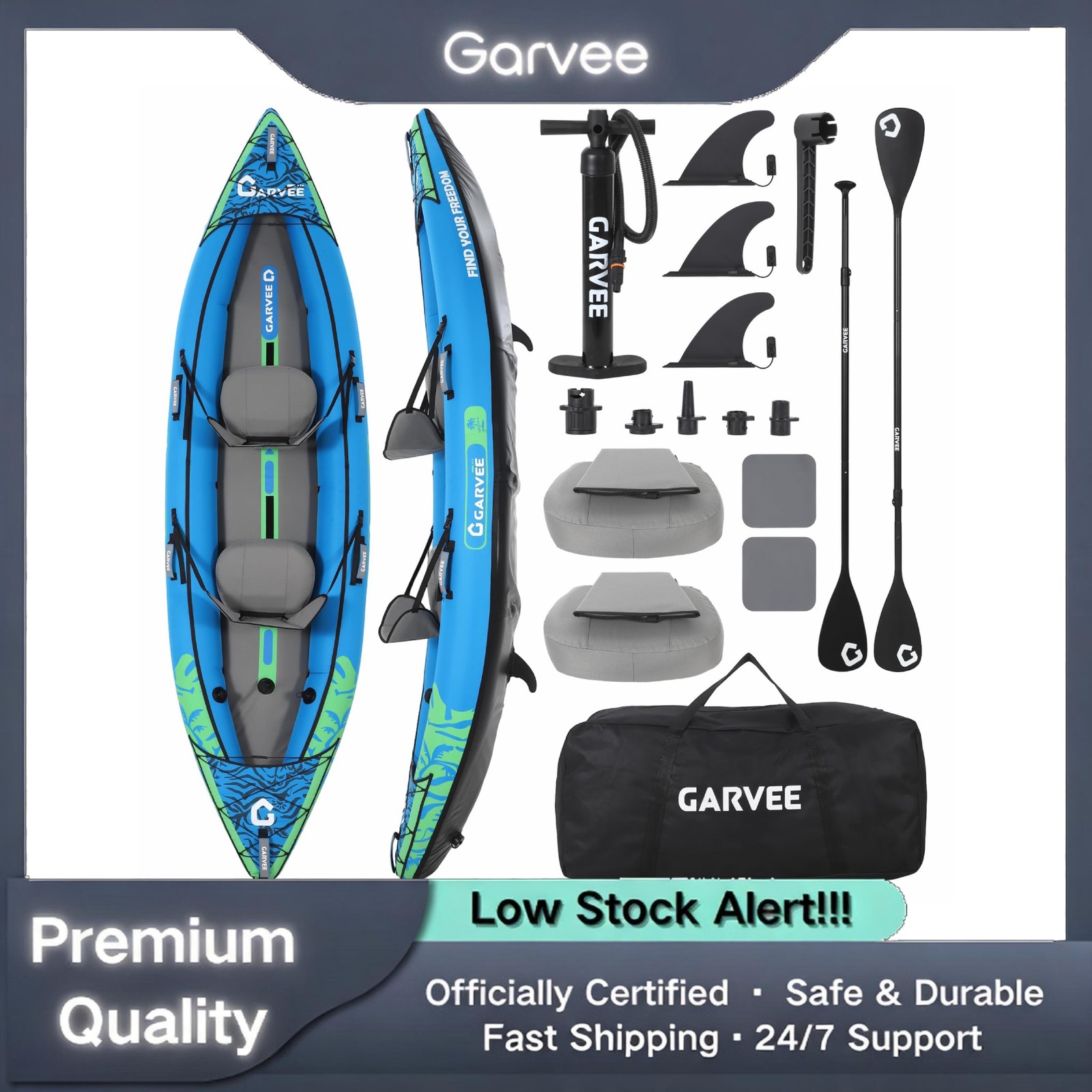2 Person Inflatable Kayak 12.5FT Fishing Kayak Padded Seats 3 Fins Hand Pump