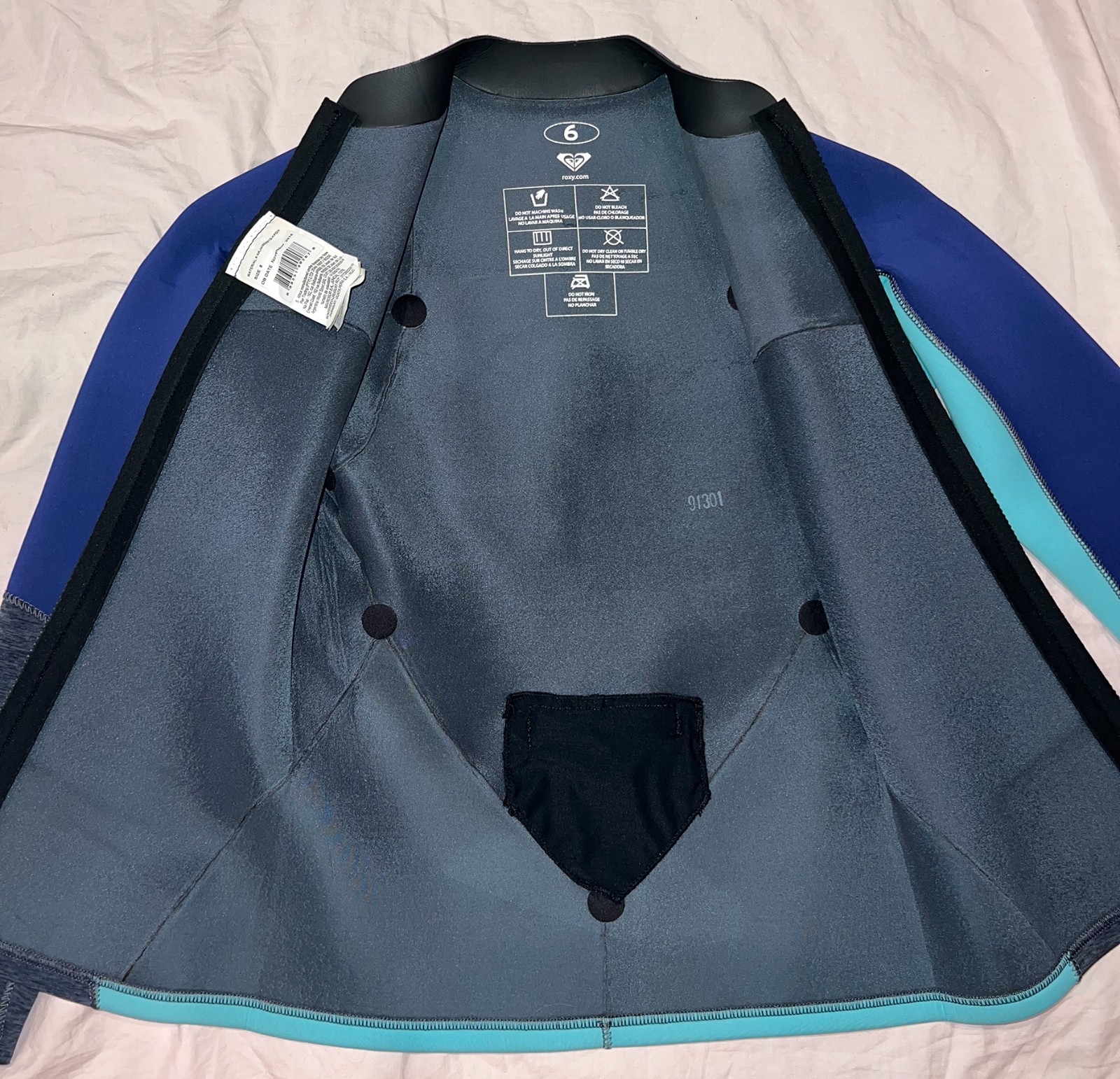 ROXY Wetsuit Full-Zip Top Surf Jacket, Size 6, Blue Gray Turquoise