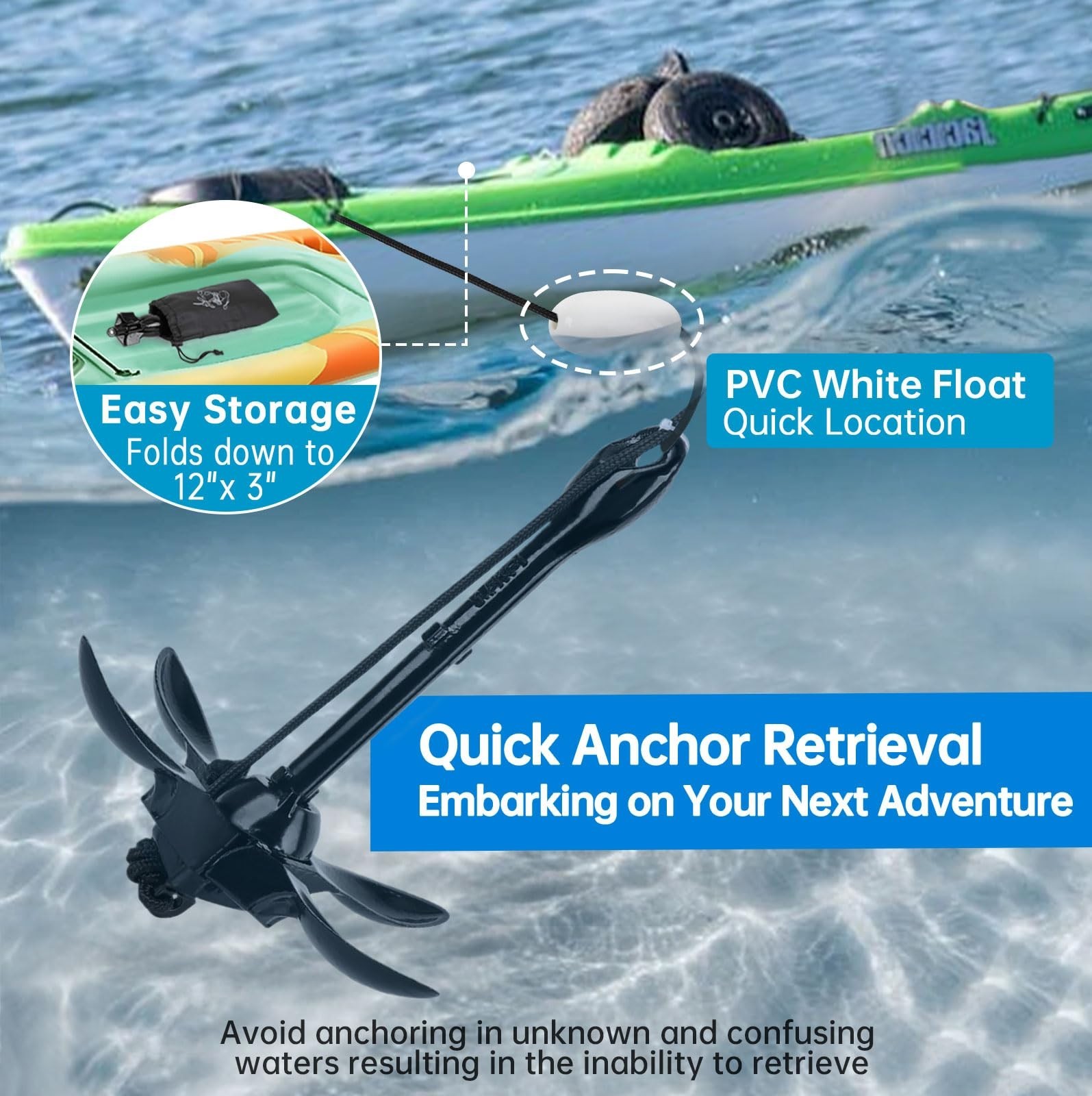 3.5 lb Kayak Anchor Kit with 40 ft Marine Rope for Canoes, SUP & Fishing