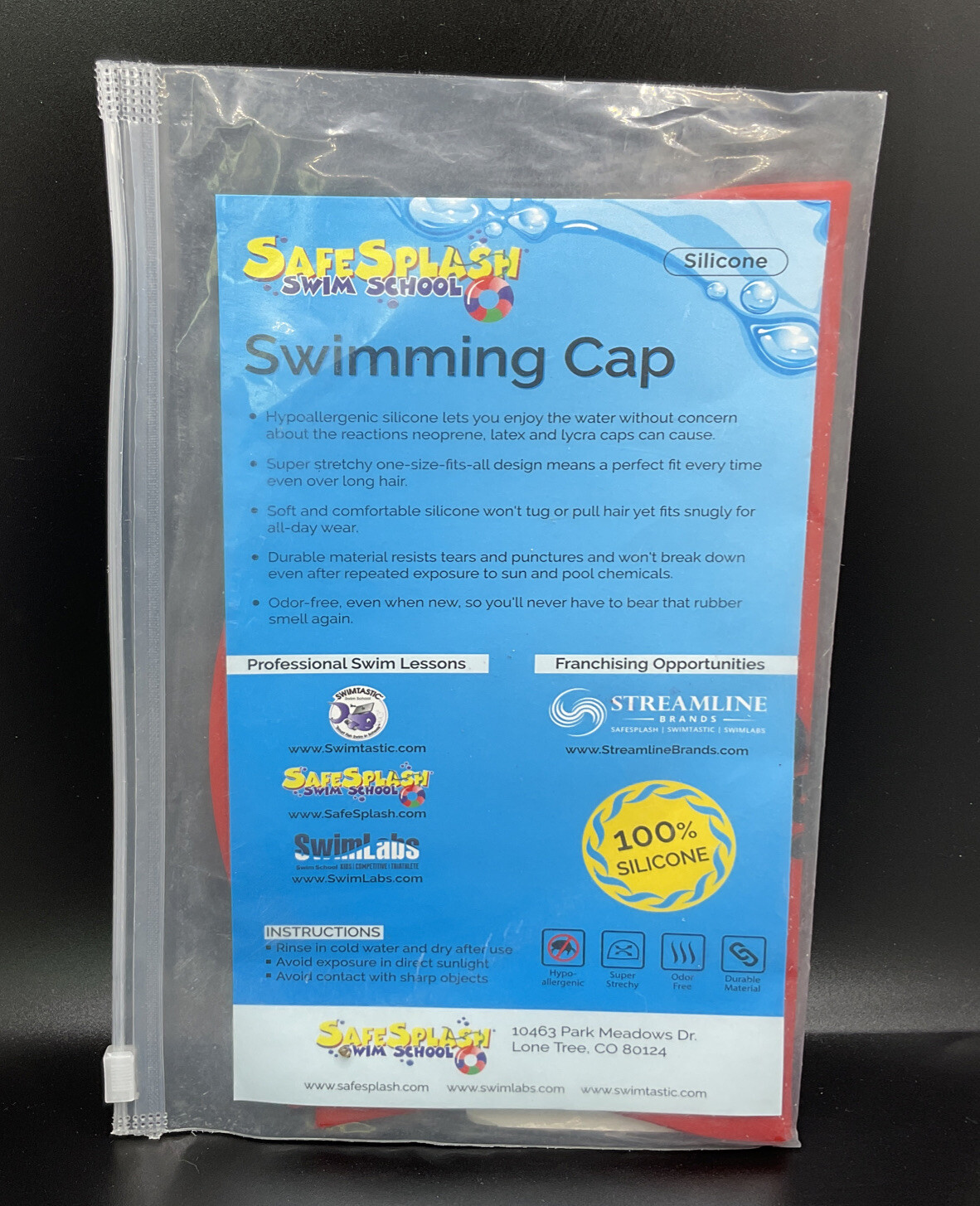 Safe Splash Swimming School 100% Silicone Hypoallergenic Stretchy Swim Cap, Red