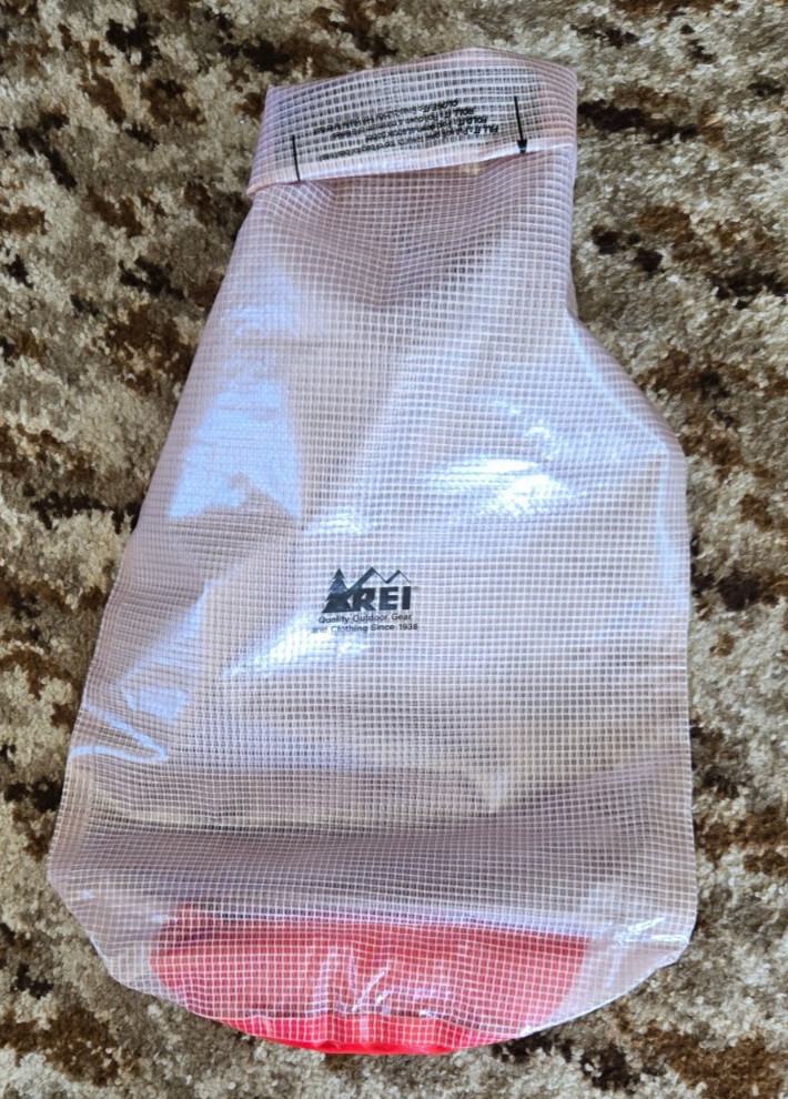 REI dry bag, 26 x 18, approx 40 liters semi-transparent, water-tight