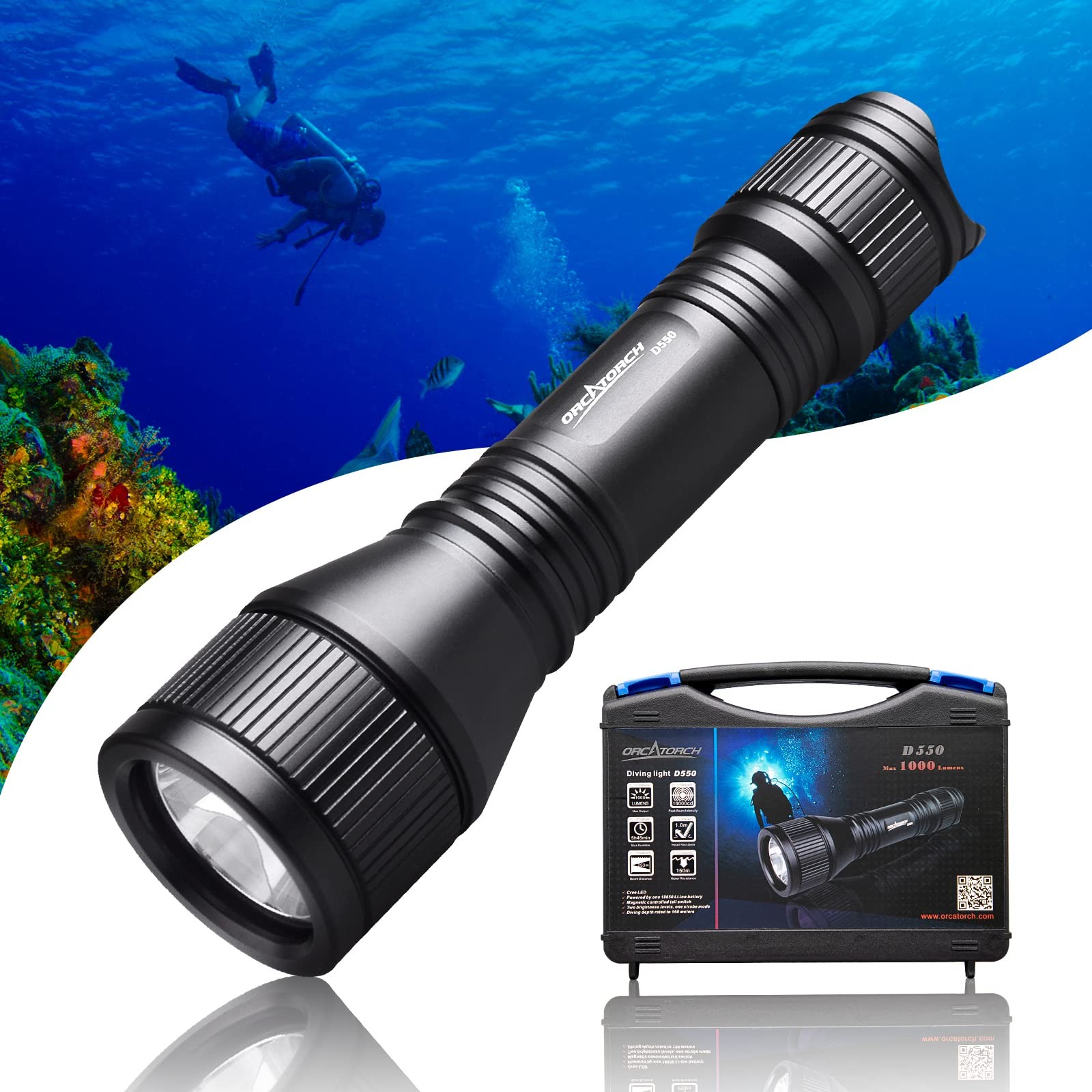 ORCATORCH D550 Scuba Dive Light – 1000 Lumens Underwater Flashlight with 3 Mo…