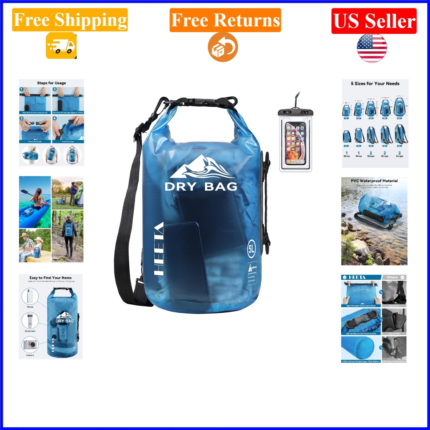 Waterproof Dry Bag for Travel & Water Sports, 5L to 40L, Blue