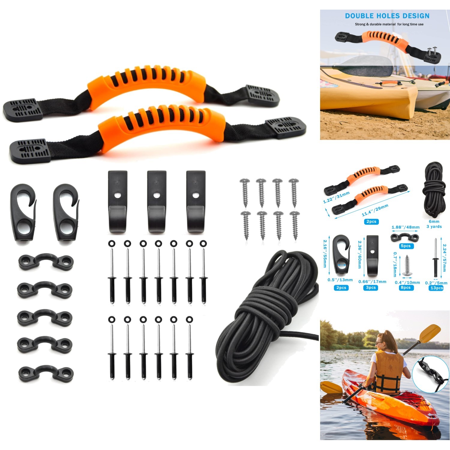 Kayak Carry Handle Rigging Kit with 15ft Bungee Cord Pad Eyes Rivets and Screws