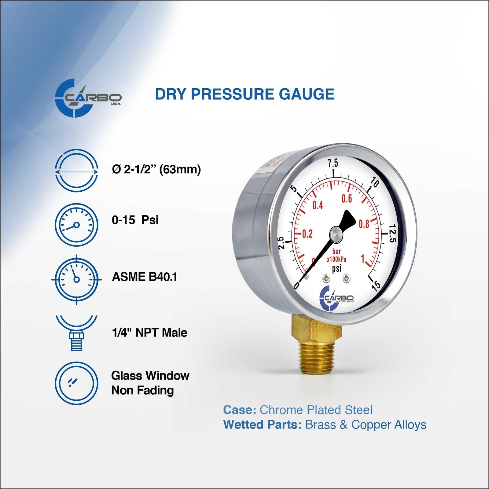 2-1/2″ Pressure Gauge, Chrome Plated Steel Case, Dry, 0-15 psi/kPa, Lower Mou…