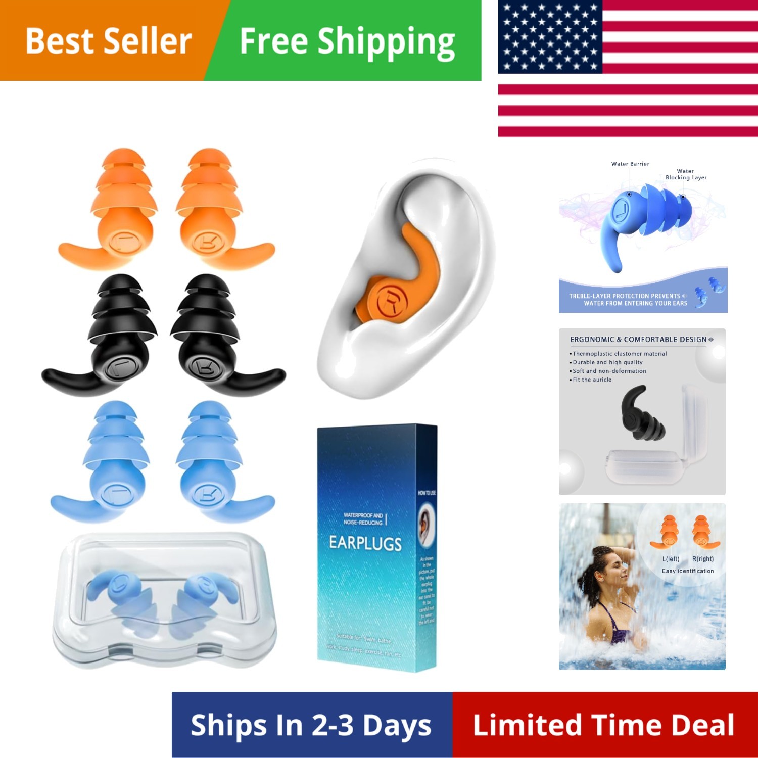 Waterproof Swimming Ear Plugs for Adults, 3 Pairs Reusable Silicone Swimmer E…