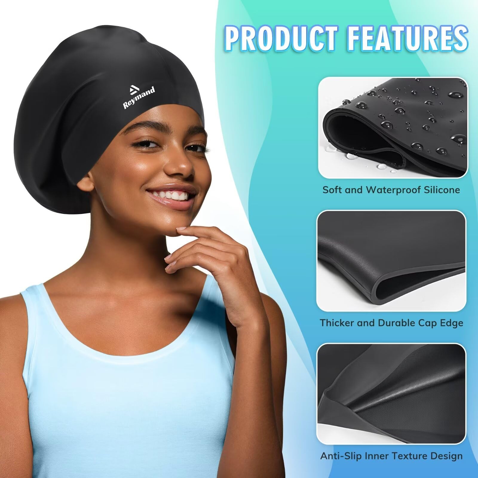 Swim Cap for Long Thick Hair, 3 Size Silicone Swimming Caps X-Large, Black