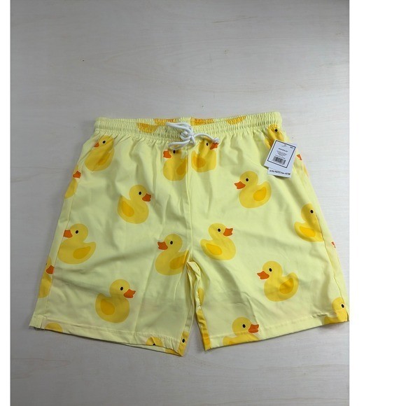 Yellow Rubber Duck Print Swim Trunks Mens Size L Water Repellent Mesh Lined NEW