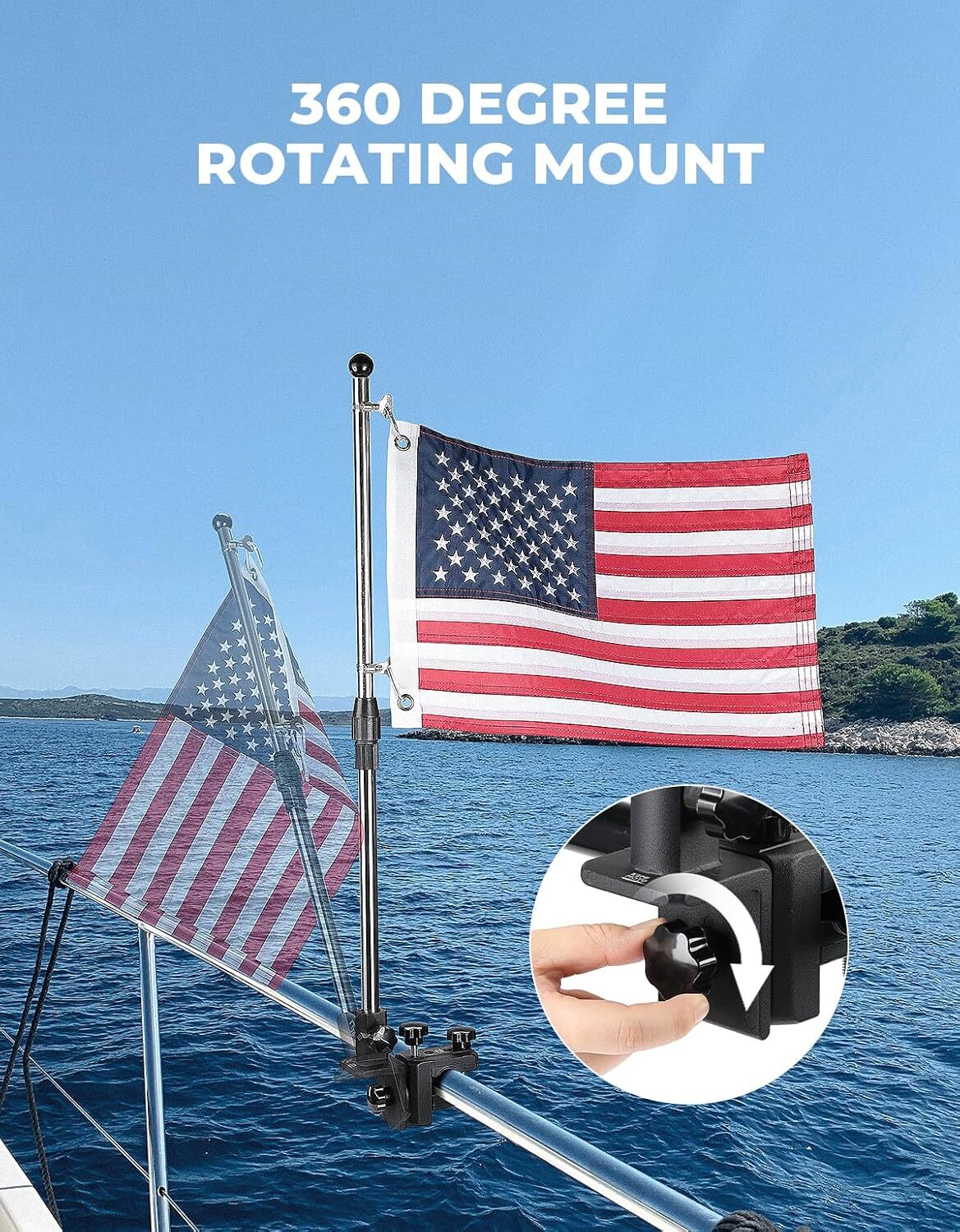 KEMIMOTO Boat American Flag Pole Kit 360° Adjustable 12”x18” Pontoon Boat Flag