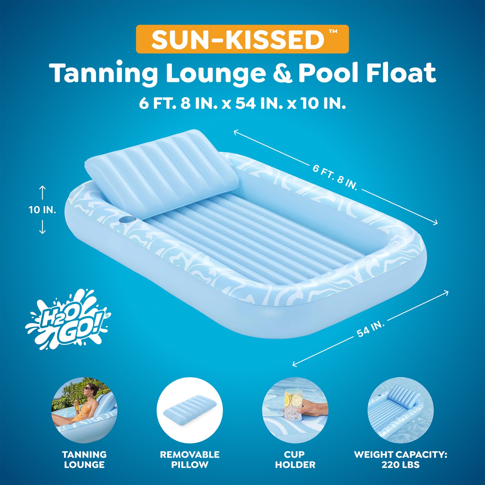 H2OGO! Sun-Kissed Tanning Lounge, 6’8″ x 54″ x 10″ XL Inflatable Pool Float