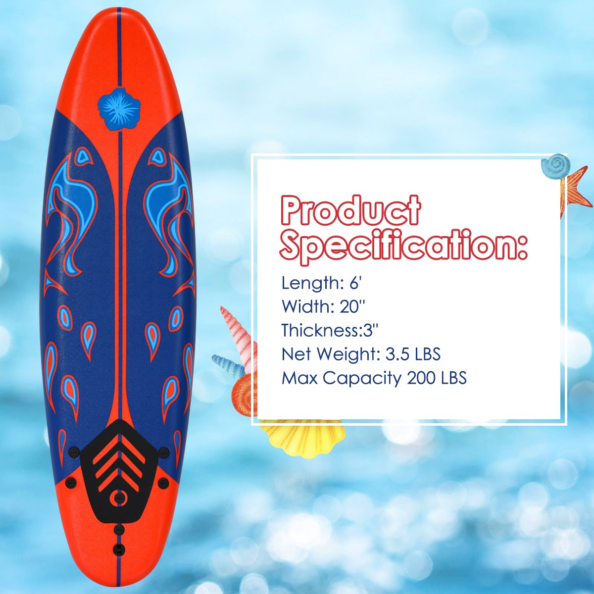 6′ Surfboard Foamie Body Surfing Board W/3 Fins Leash for Kids Adults Red