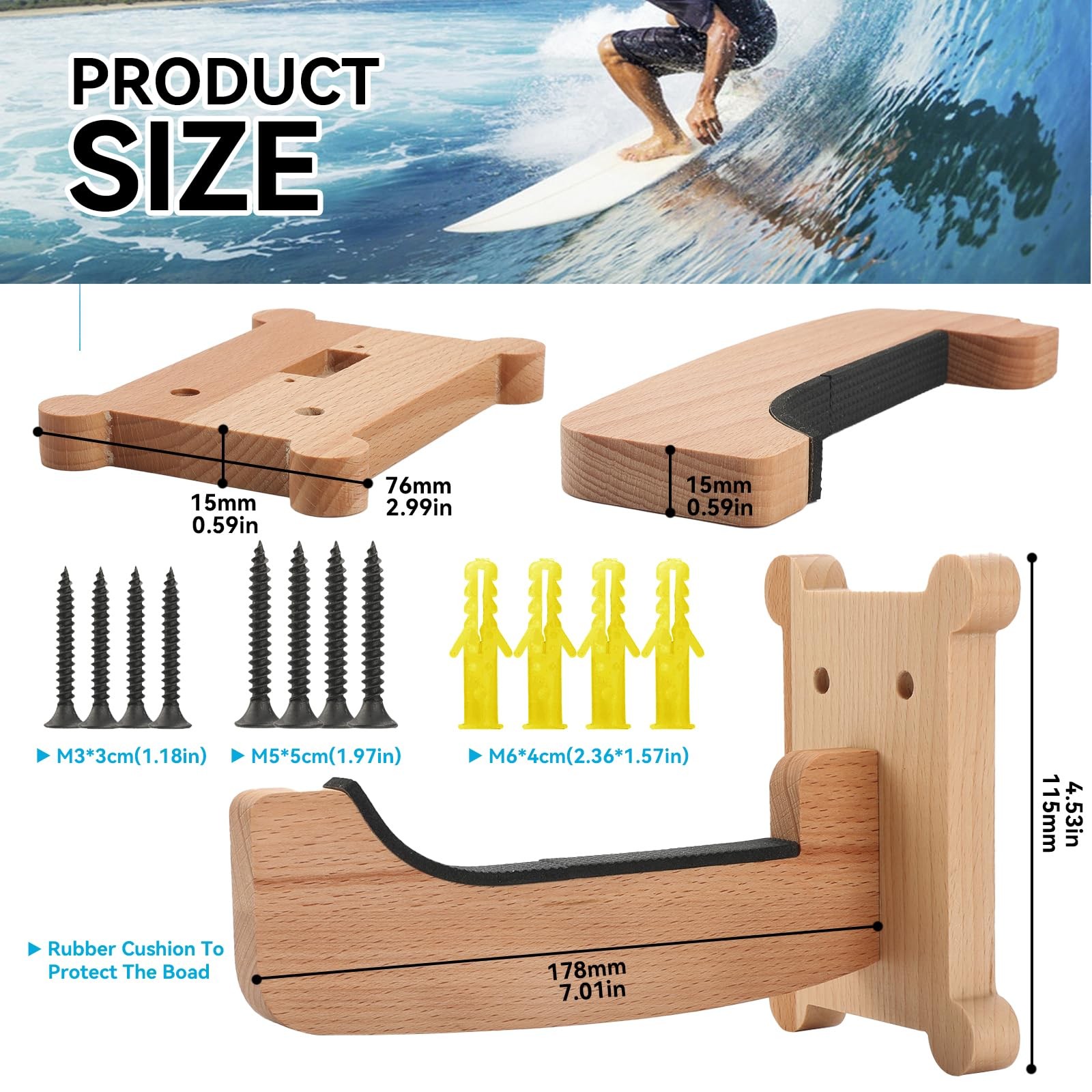 Surfboard Wall Mount Rack – Beech Wood Surf Board Wall Hangers with M6 Expans…