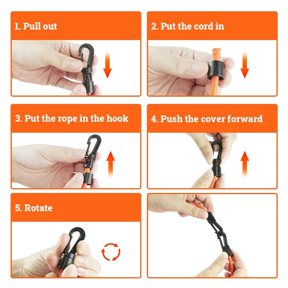 Kayak Deck Rigging Kit 1/4 Inch 9.8 Ft Bungee Cord D Rings Hooks Orange