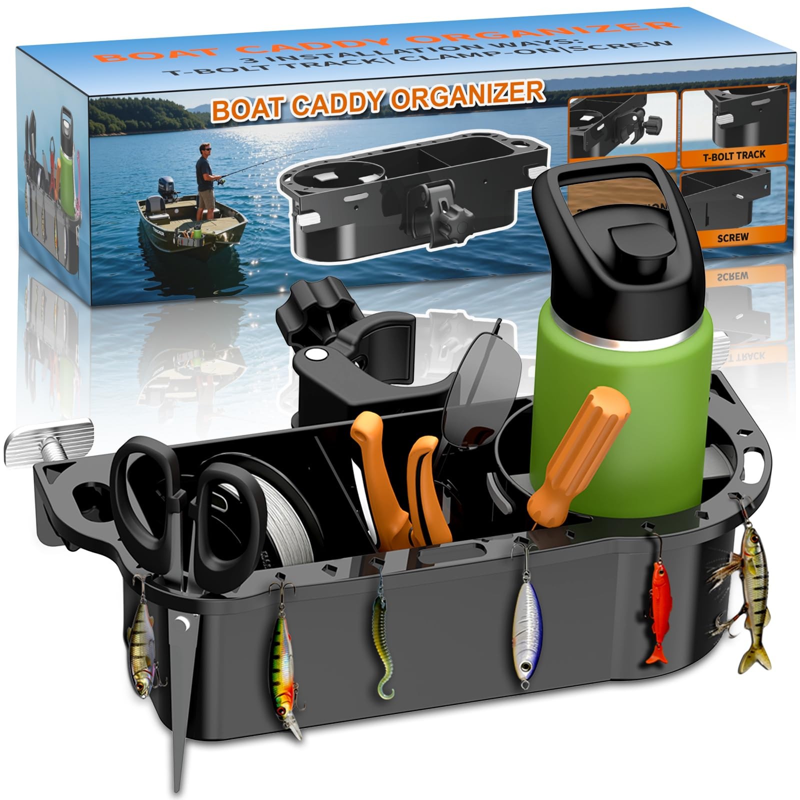 Boat Caddy Organizer, 3-in-1 Mount (Screw/Fishing Boat Track/Clamp-On), Remov…