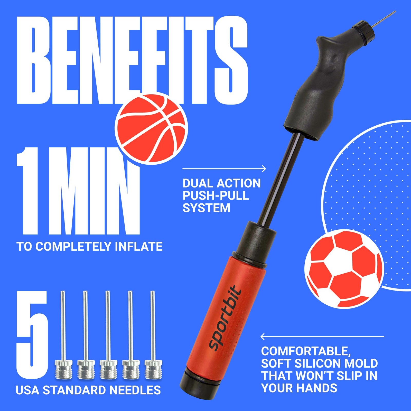 SPORTBIT Ball Pump for Sports Balls – Push & Pull Inflating System – Hand RED