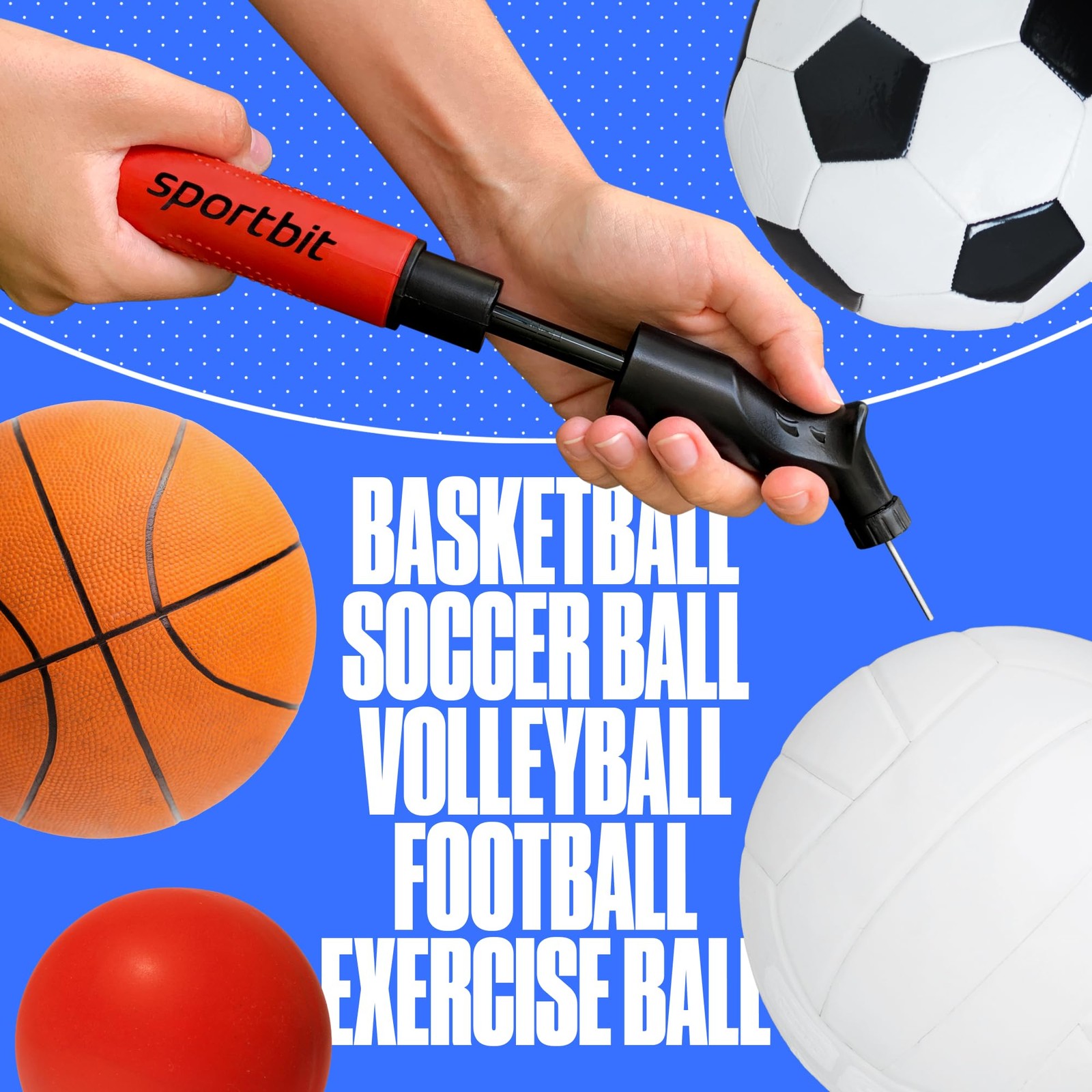 SPORTBIT Ball Pump for Sports Balls – Push & Pull Inflating System – Hand RED