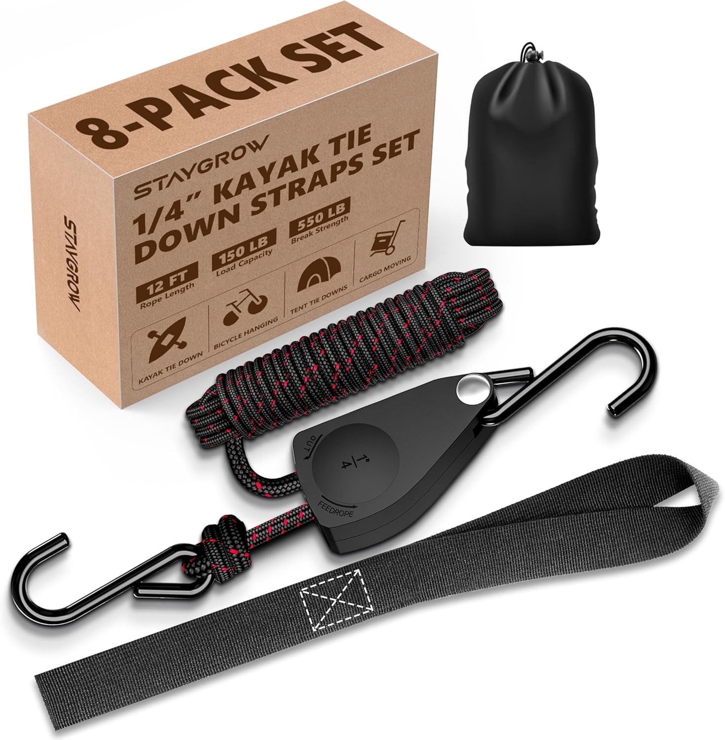 Secure 1/4 Inch Ratchet Tie Down Straps – Up to 150 lbs Load Capacity, 8 Pack