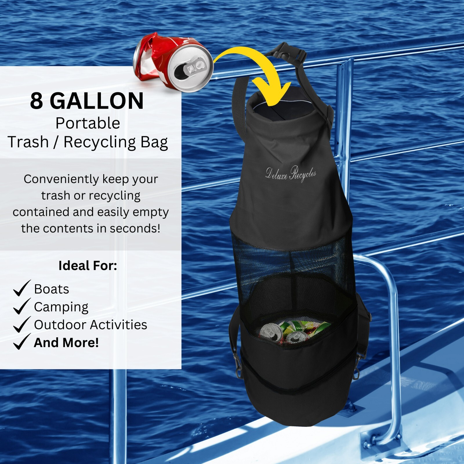 Deluxe Recycles Boat Trash Can Portable & Collapsible Bag W/ Easy Bottom Zipper