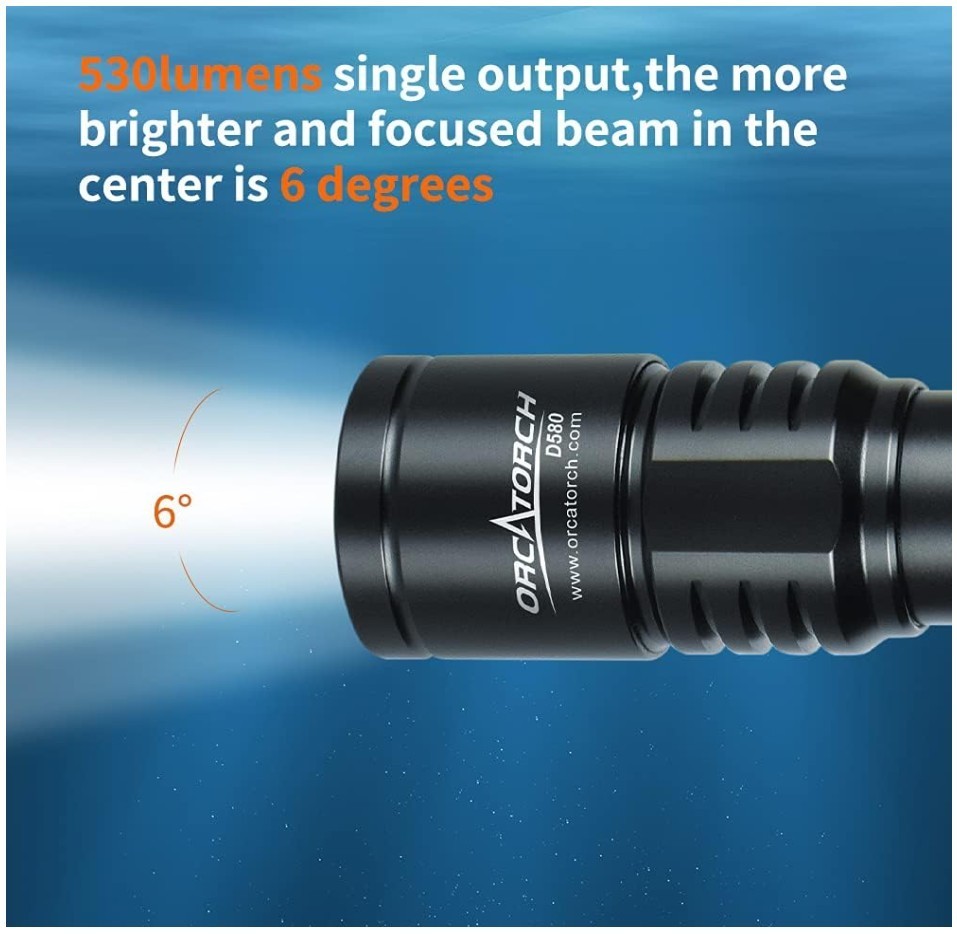 ORCATORCH D580 Scuba Dive Light, Max 530 Lumens Underwater Flashligh w/ 6Degrees