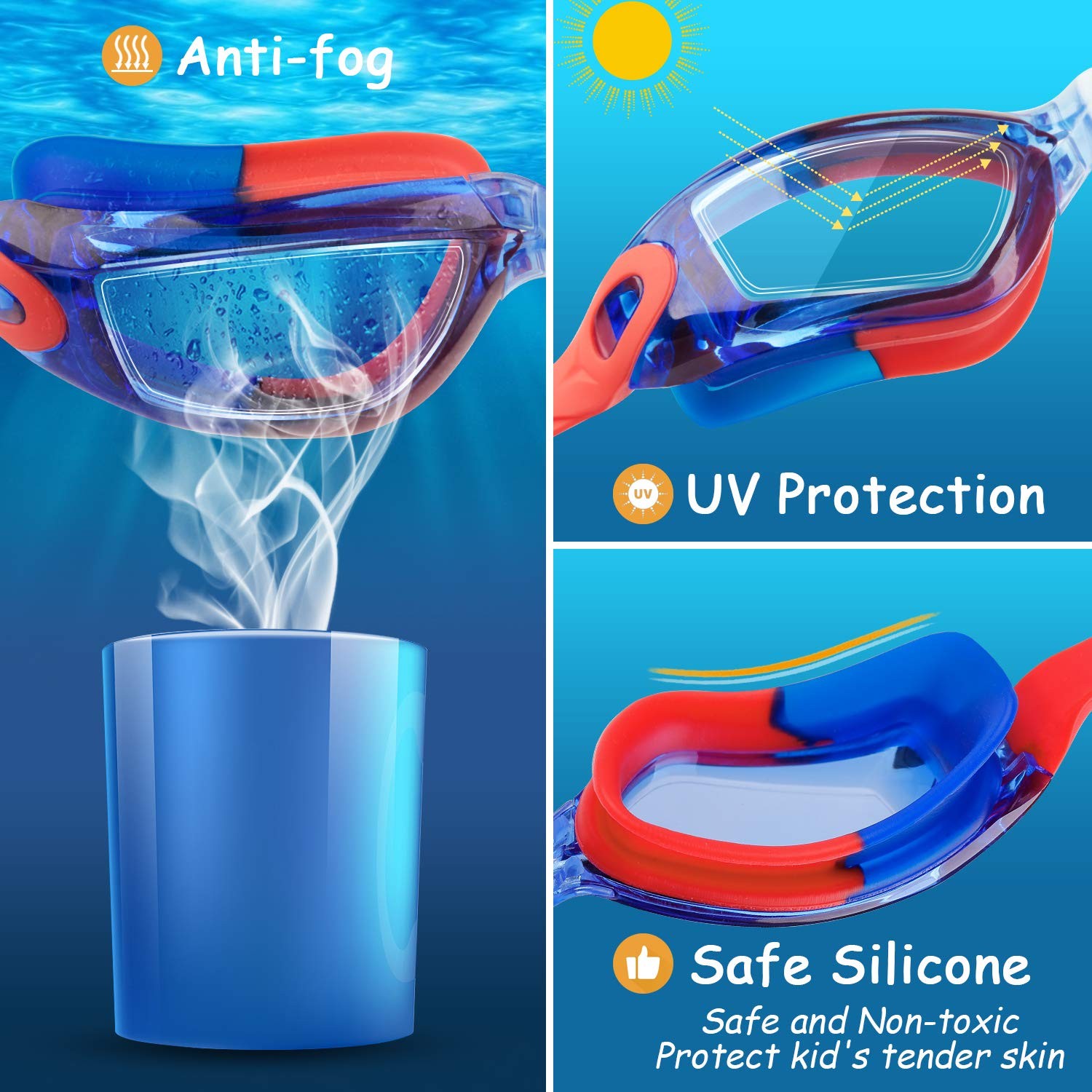 COOLOO Kids Swim Goggles, 2 Packs 02.black Red/Clear Lens&blue Lens