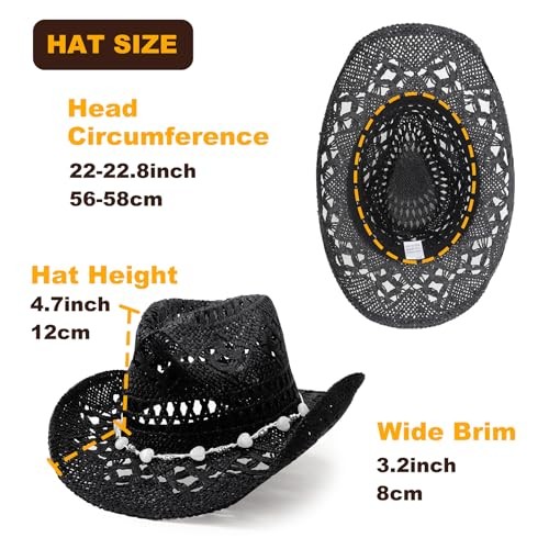 Straw Cowboy Cowgirl Hat for Women Men Medium 1 Pack Hollowed Pattern: Black