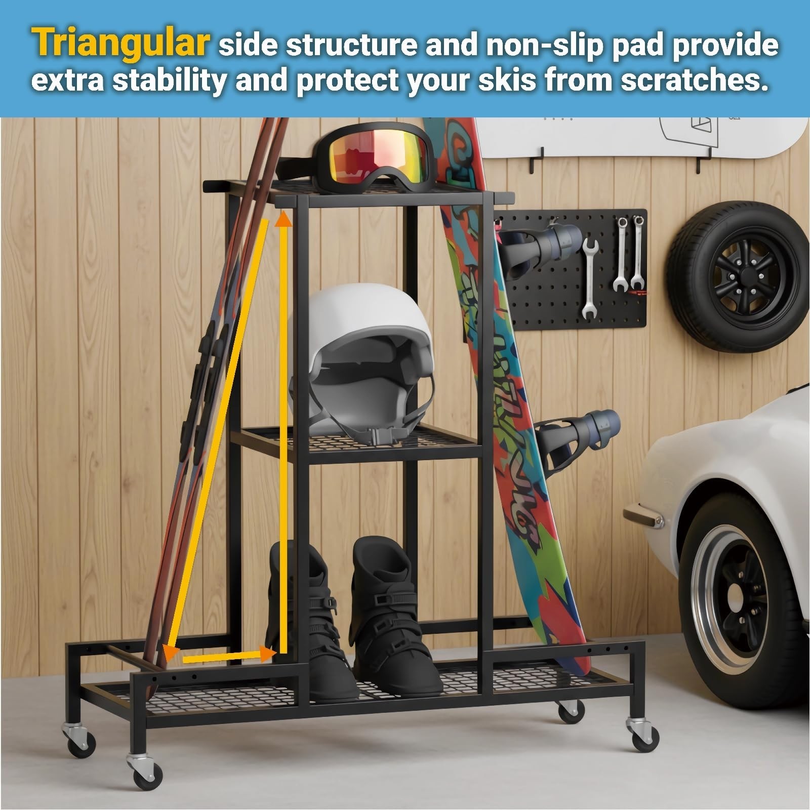 Standing Ski Storage Rack, Holds Snowboards & Skis, 3-Tier Organizer for Gear…