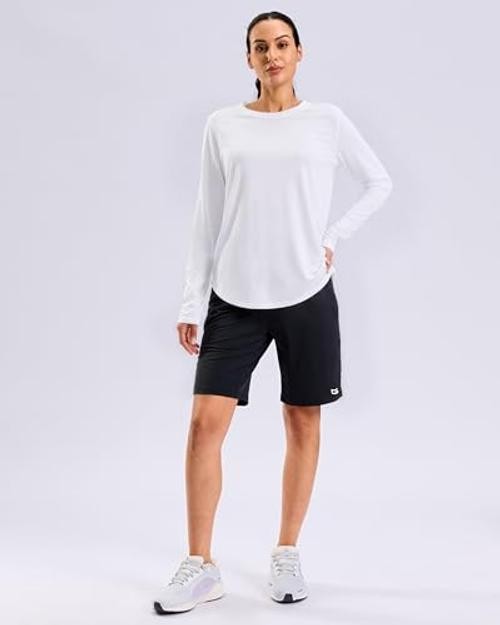 Lightweight Long Sleeve Workout Tops for Women Hip-Length Quick Large A White