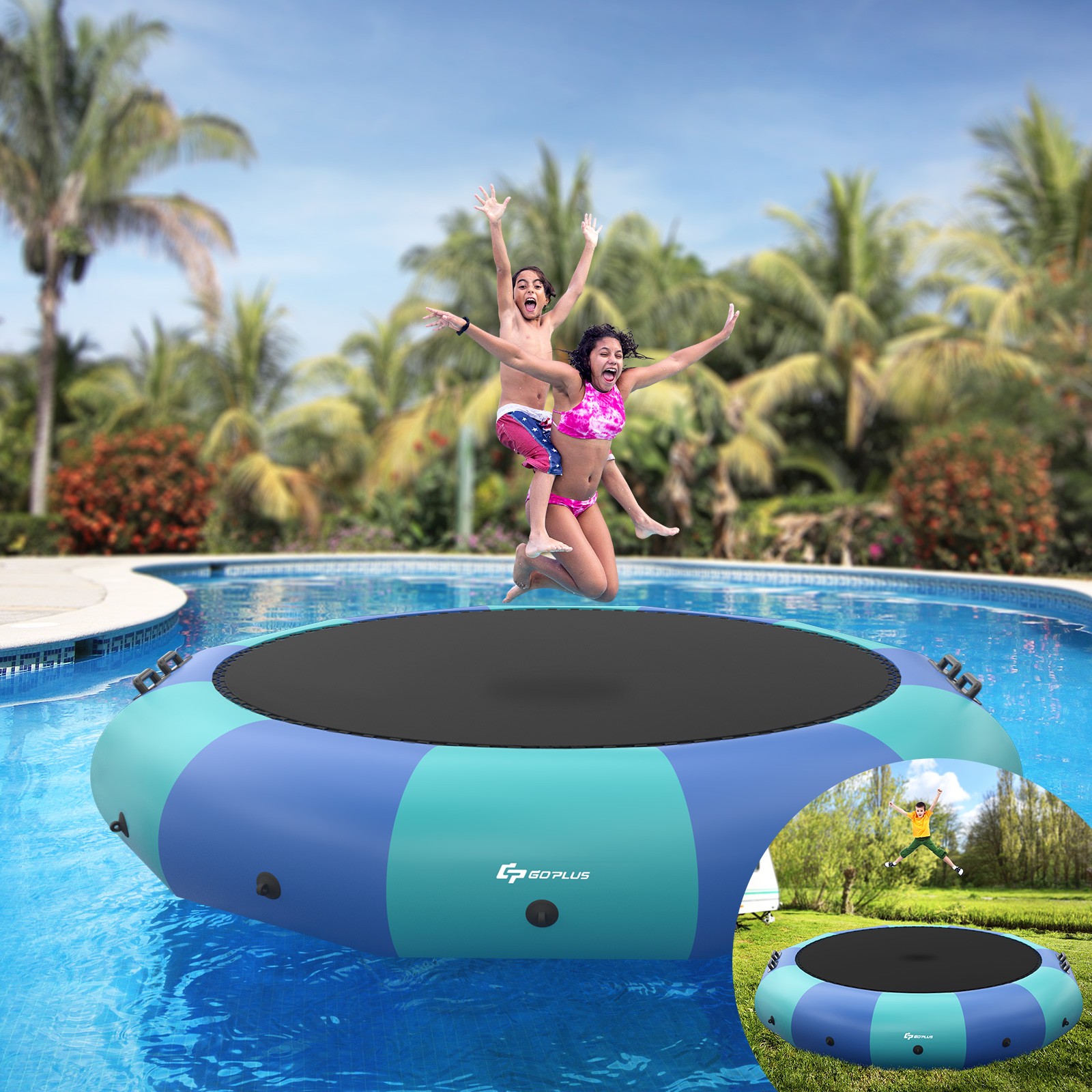 Goplus 15FT Inflatable Water Bouncer Splash Padded Water Trampoline Blue & Green