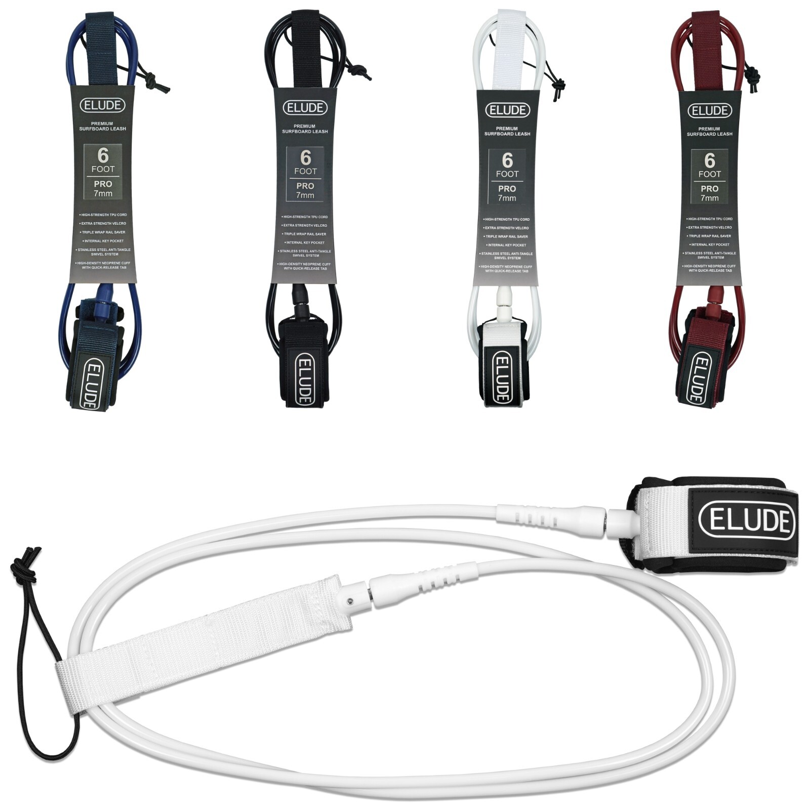 ELUDE Surfboard Leash 6ft (5mm Comp) Maximum Strength (White)