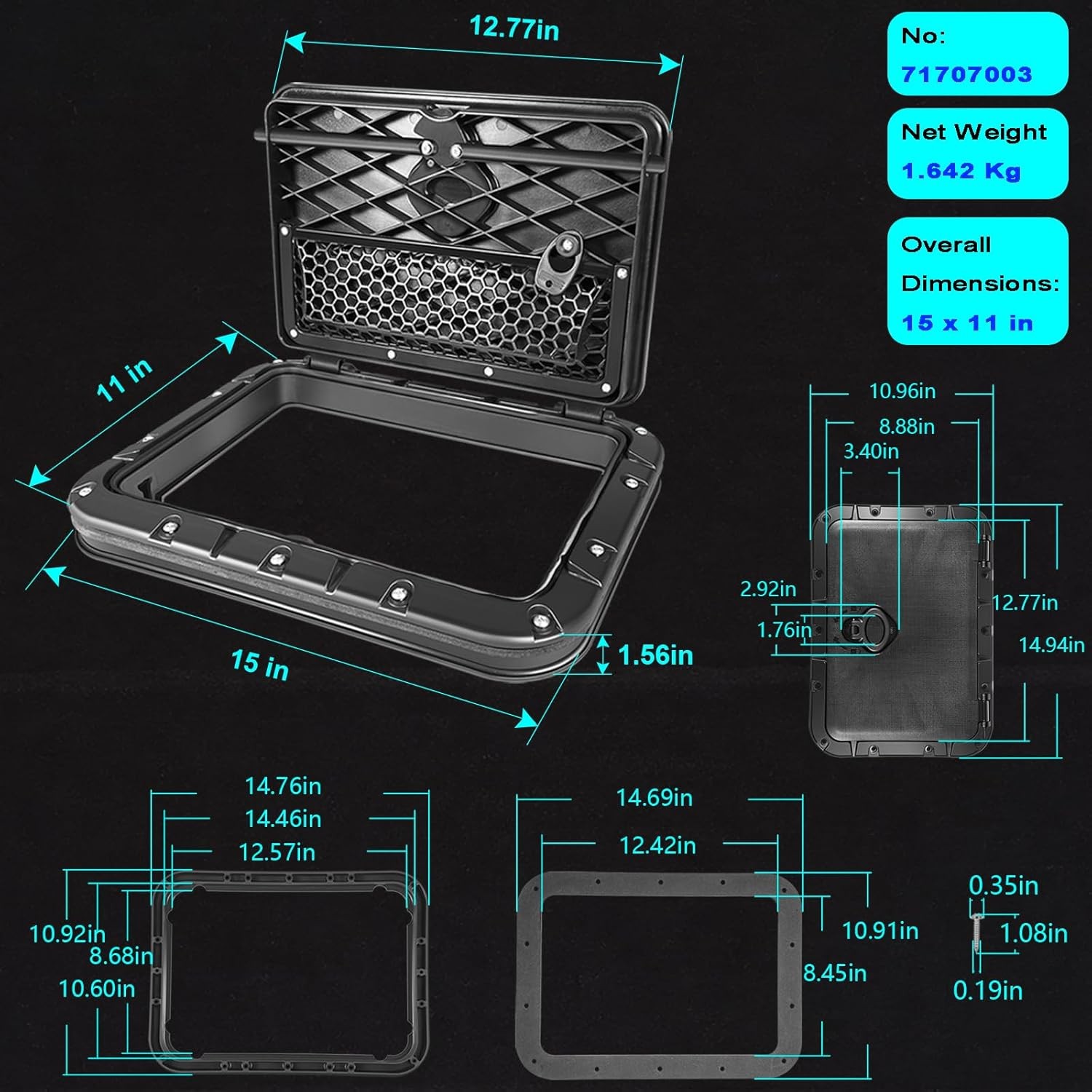 71707003 Rectangular Twist and Seal Hatch Marine Deck for Hobie Kayak 2013-2026