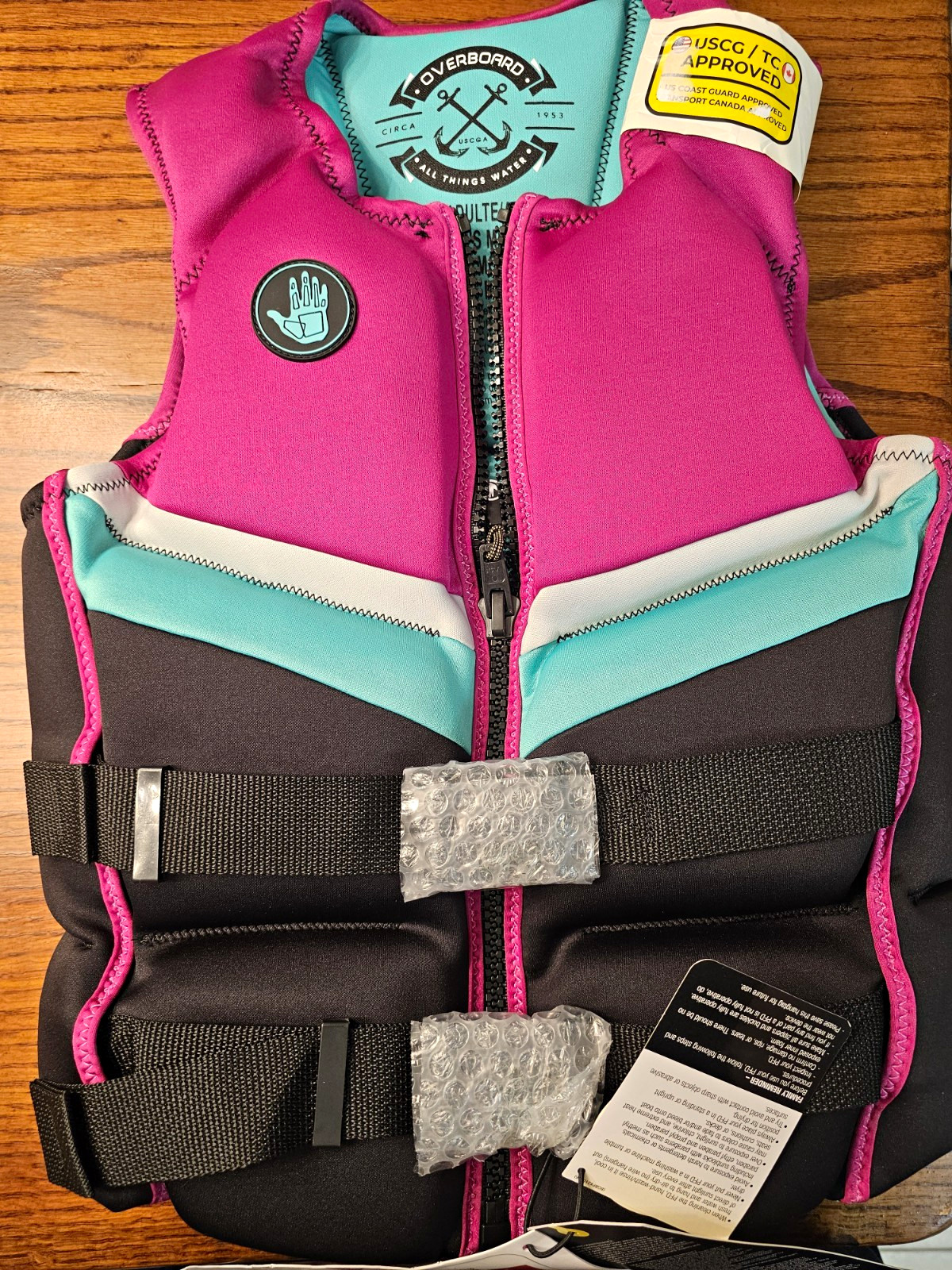Overboard USCG/TC Approved Women’s Medium Life Jacket PFD Vest Pink/Teal/Black